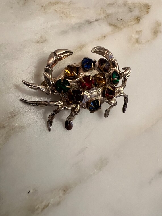 Vintage sterling silver rhinestone crab brooch - image 4