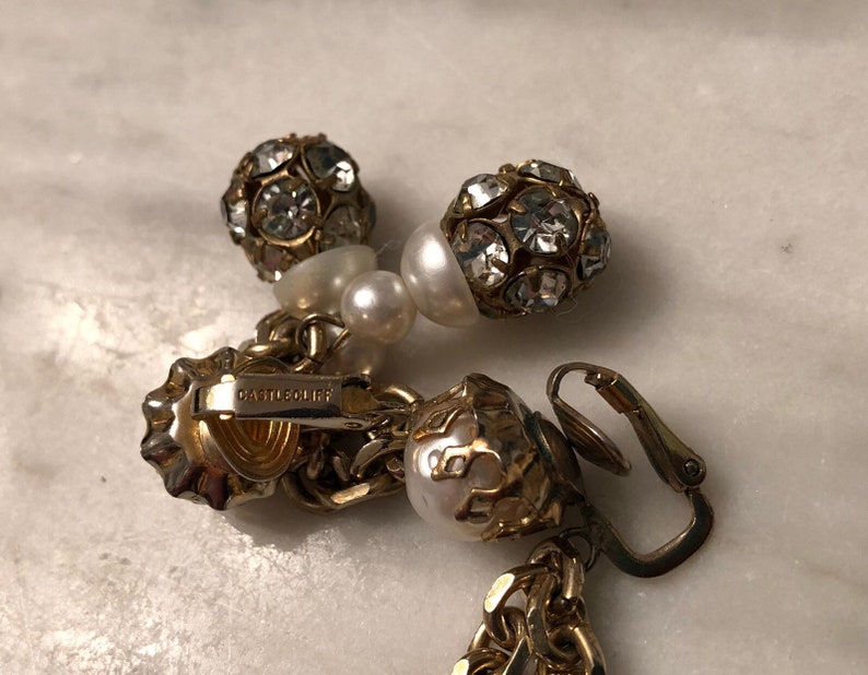 Vintage castlecliff rhinestone and pearl drop dangle earrings image 4