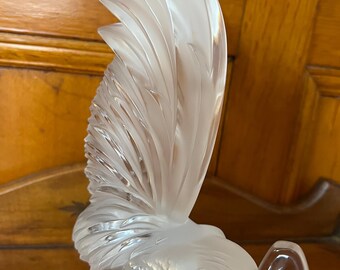 Signed Lalique France Coq Nain Rooster Figurine, Clear Frosted