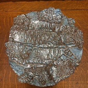 Vintage Handmade Turquoise Pottery Plate, Ornate Majolica Glaze, Signed (13")