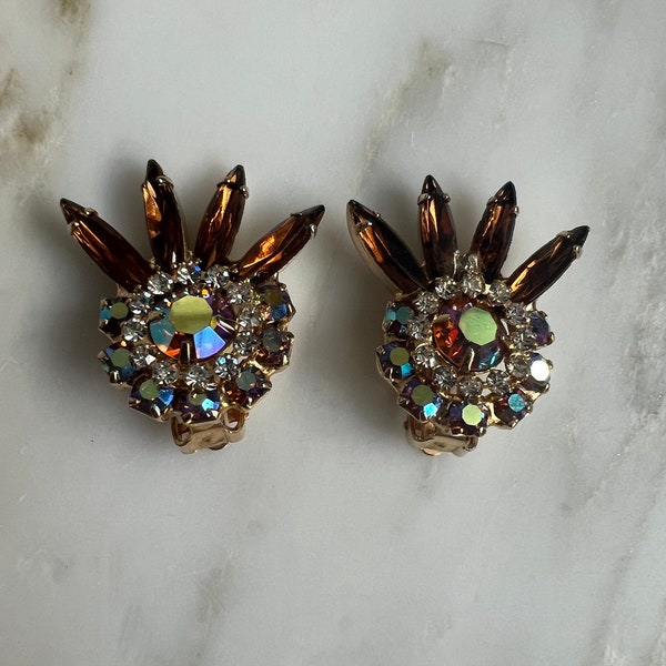 Vintage Juliana? Topaz navette and aurora borealis rhinestone earrings