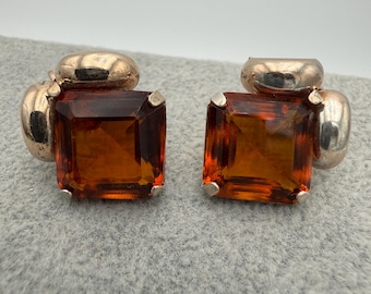 Vintage sterling vermeil screwback earrings with deep orange red faceted stone