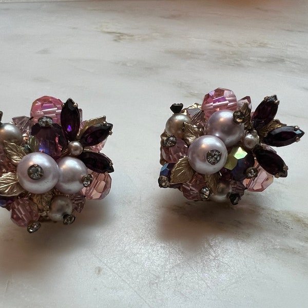 Vintage Vendome pink and purple rhinestone pearl beaded earrings