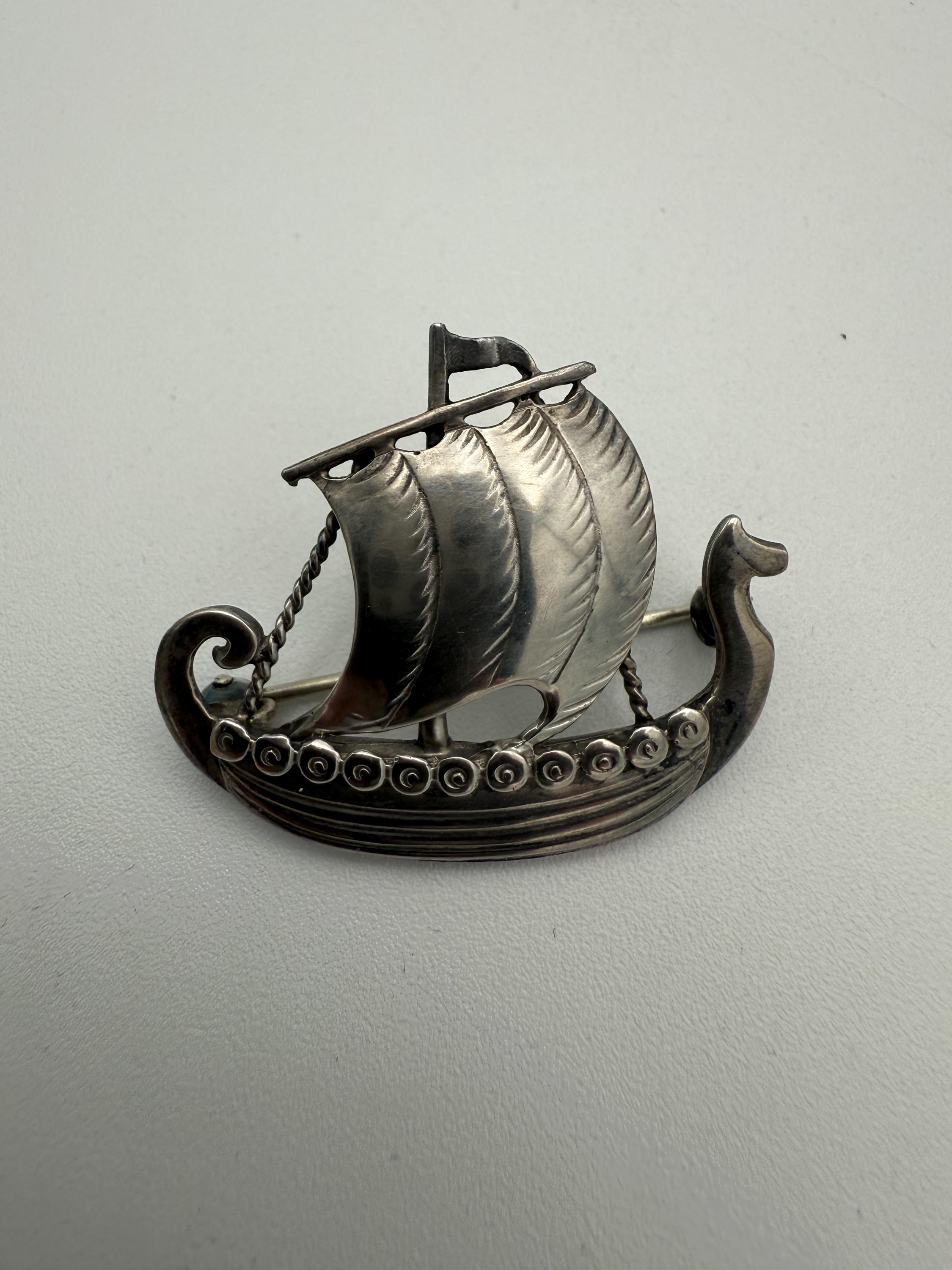 Vintage Just Andersen Sterling Silver Viking Ship Brooch Denmark