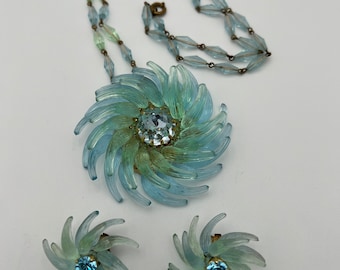 Unique vintage West Germany green blue flower swirl pendant necklace and earrings