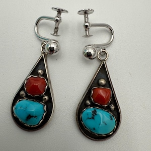 Vintage Navajo Sterling Silber Ohrringe mit Türkis und Koralle