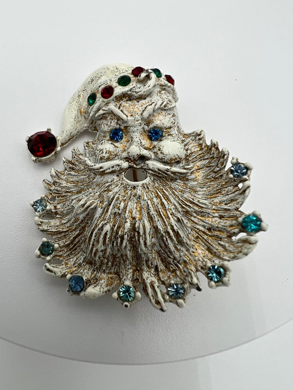 Vintage white enamel and rhinestone metal Santa Cl