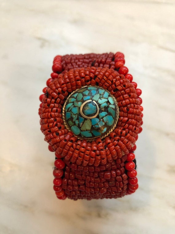 Vintage handmade red beaded cuff bracelet with si… - image 4