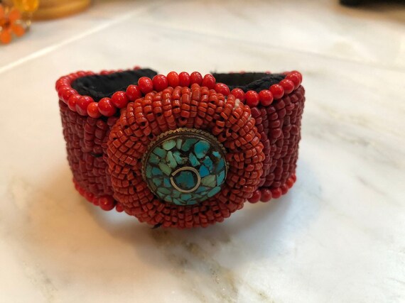 Vintage handmade red beaded cuff bracelet with si… - image 1