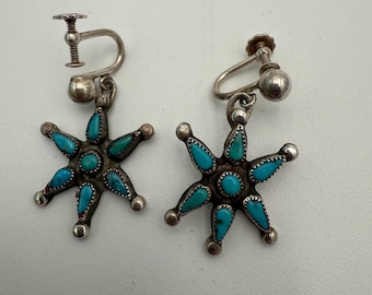 Vintage Sterling Silver turquoise Petit Point Needlepoint earrings ScrewbackVintage
