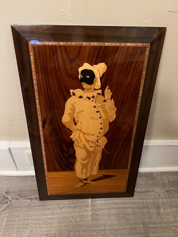 Vintage Italian Inlaid Wood Marquetry Pierrot Venice Wall Art Miss