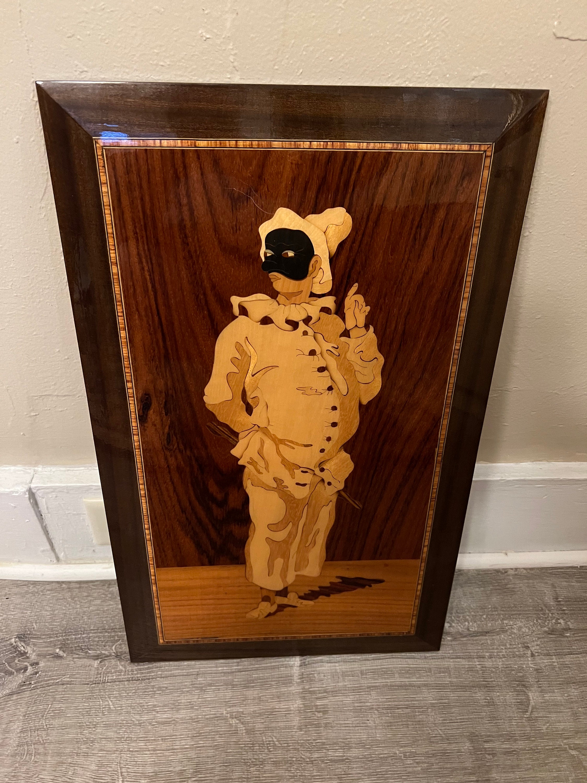 Vintage Italian Inlaid Wood Marquetry Pierrot Venice Wall
