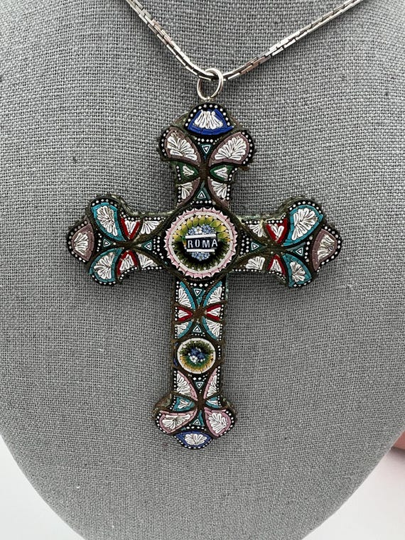 Pendentif Ancien En Micromosaïque – Croix – Rome – Vintage