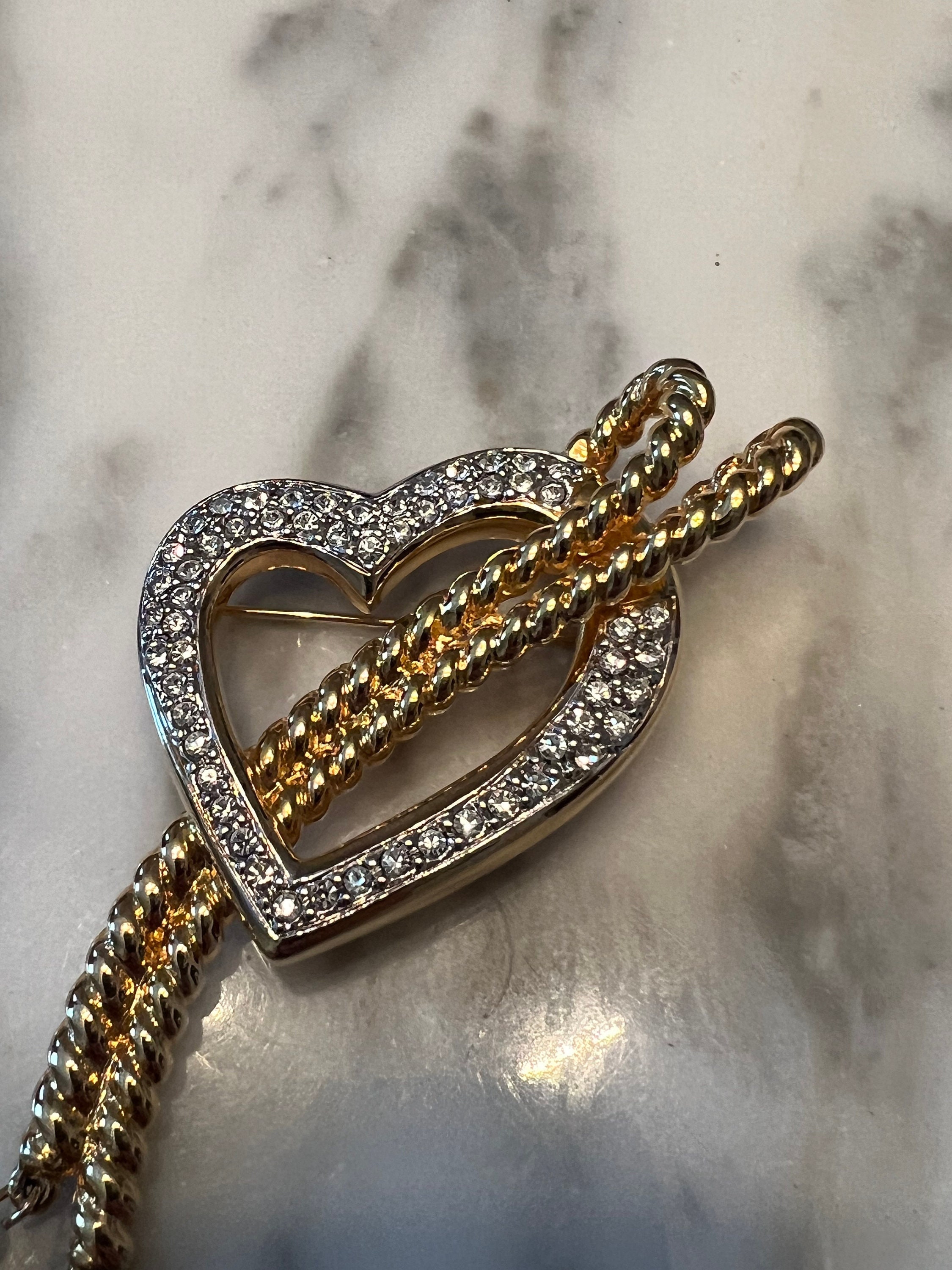 アクセサリー fablous sounds / vintage jewelry Vintage Signed Afj Gold Tone Rhinestone Heart and Pearl