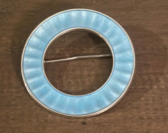 Vintage Einar Modahl sterling Norway blue guilloche circle brooch