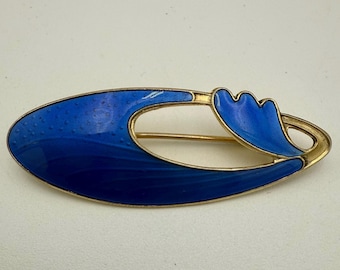 Vintage Norway Blue Guilloche Enamel Sterling Vermeil Brooch Opro