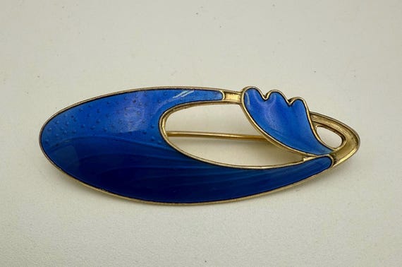 Vintage Norway Blue Guilloche Enamel Sterling Vermeil Brooch Opro