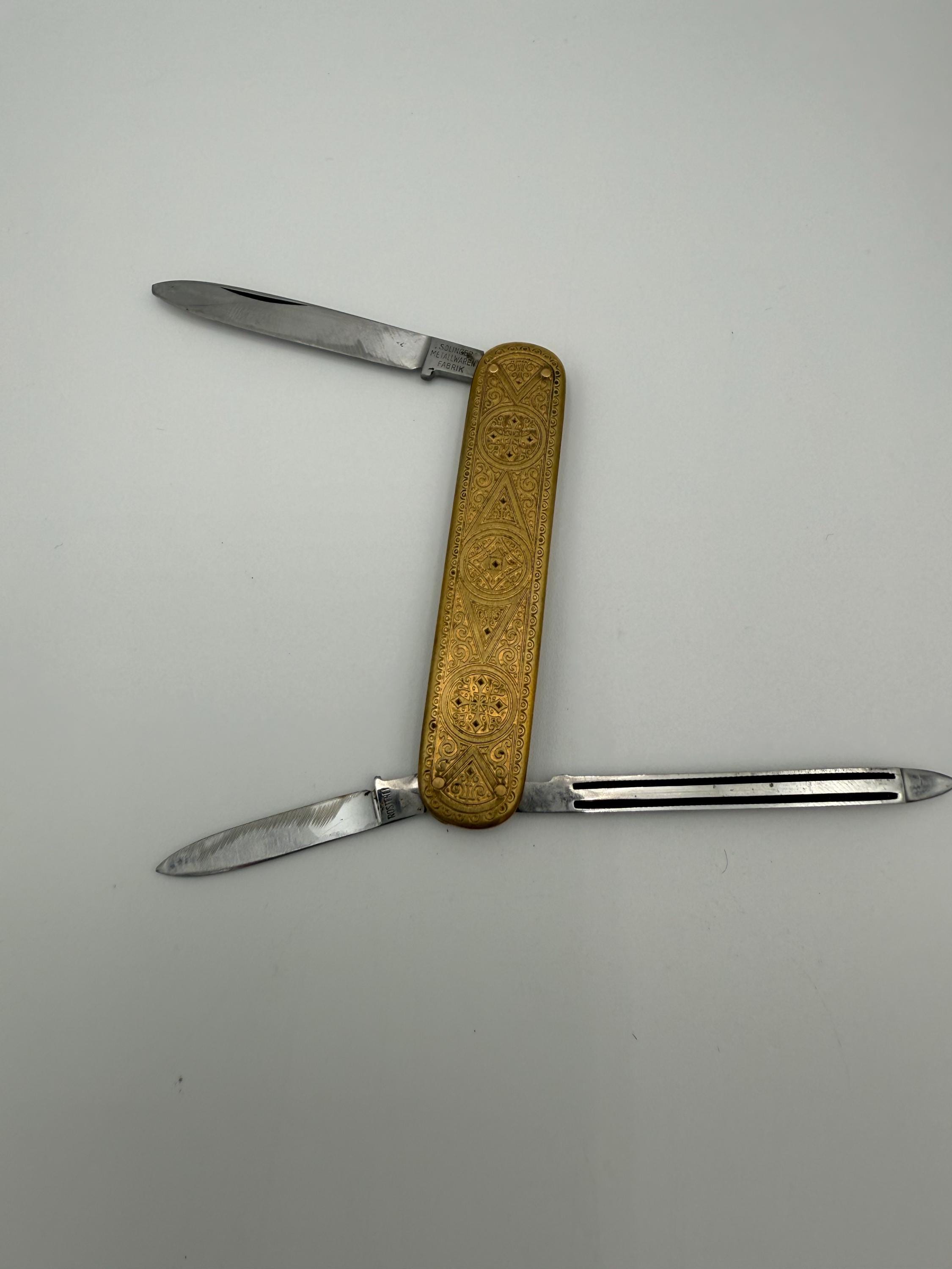 Vintage SMF Rostfrei Solingen Etched Brass Pocket Knife - Etsy