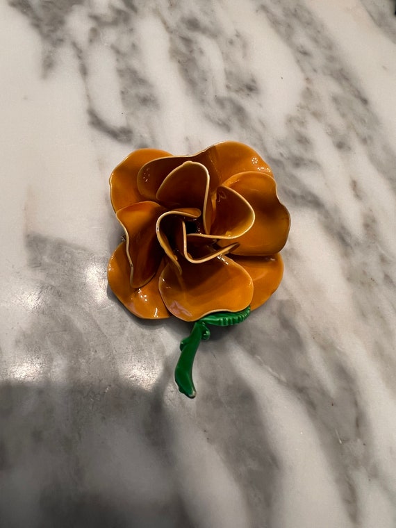 Vintage golden yellow enameled flower brooch