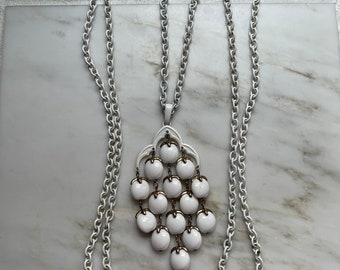 Vintage crown Trifari waterfall white enamel multi strand necklace with white plastic dangles