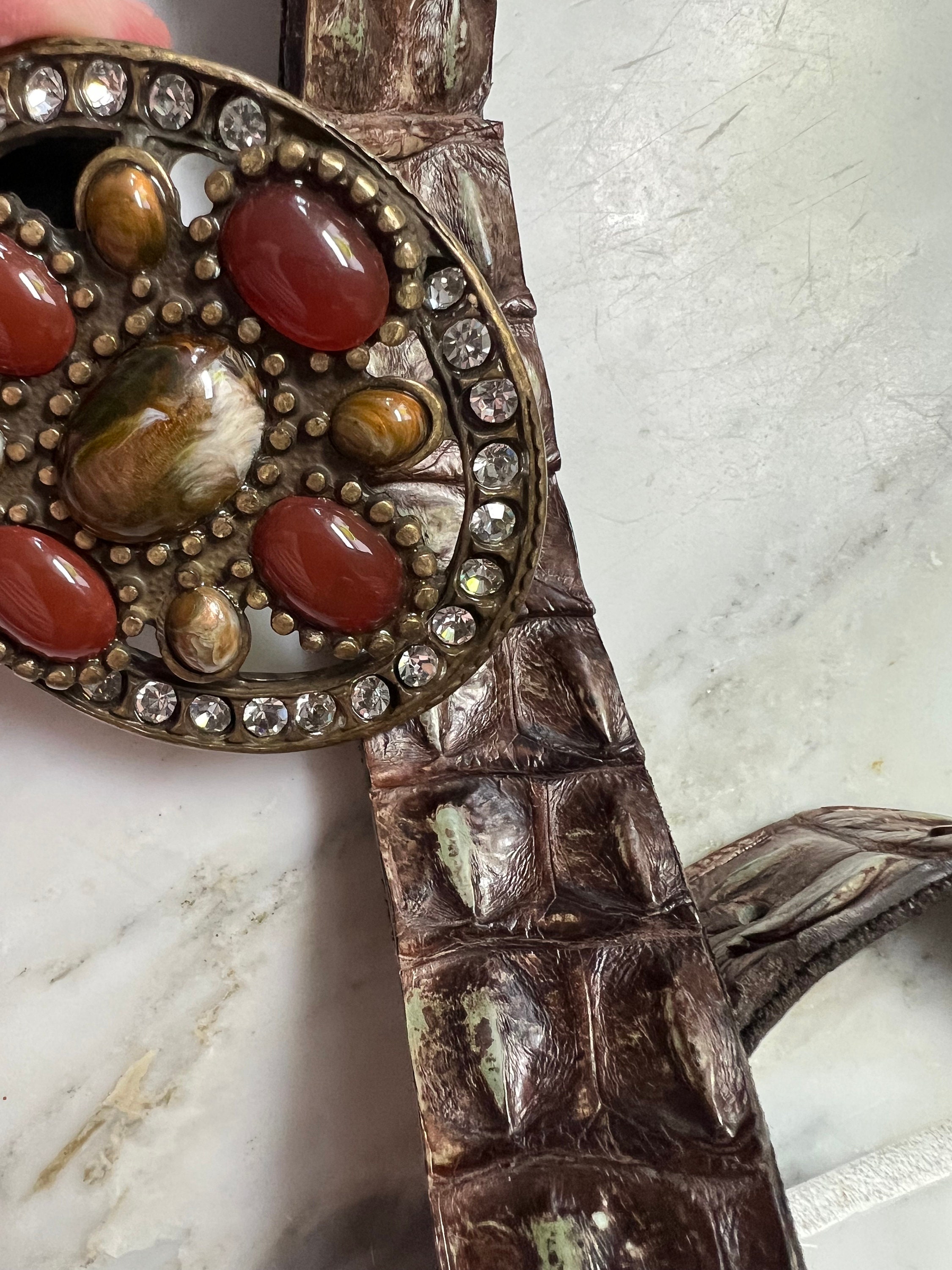 VERO COCCODRILLO BELT BROWN TEXTURED LEATHER BRASS BUCKLE ITALY SIZE S 7ABM4L10_BRN_1.jpg?v=  main image 2