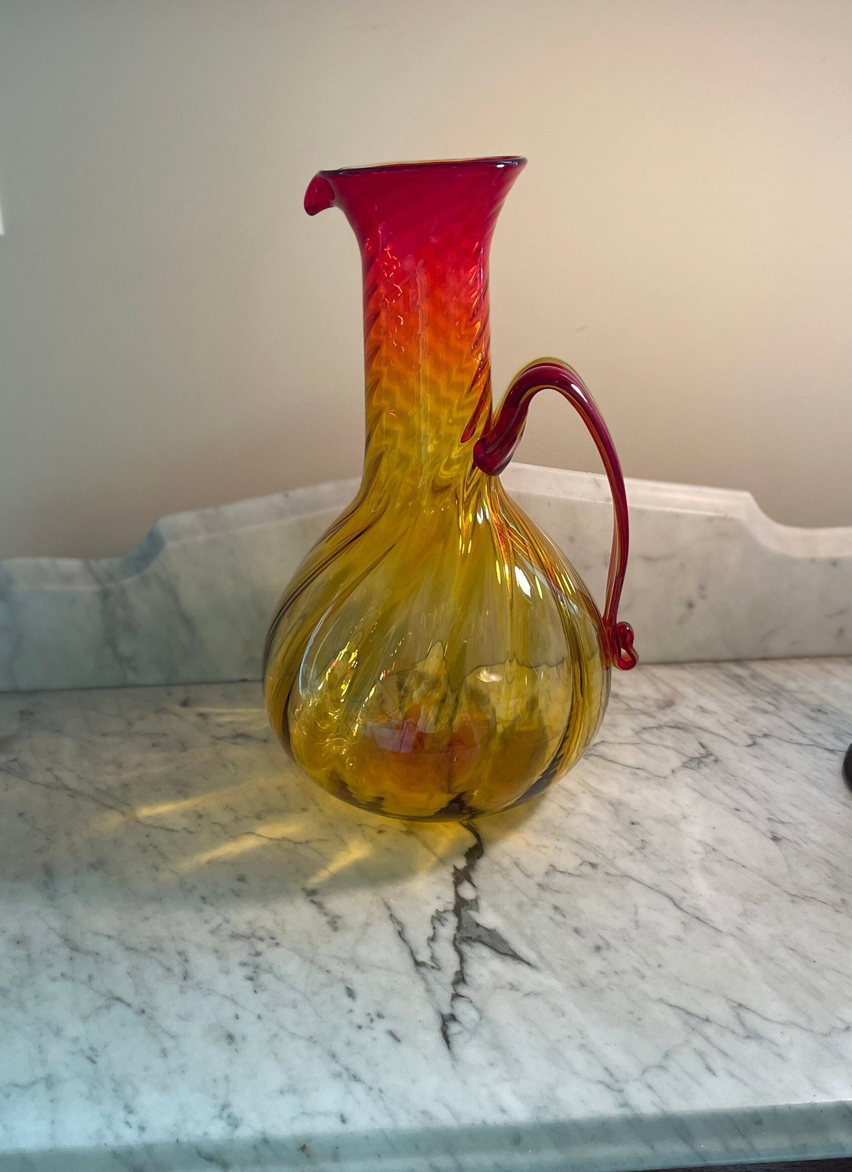 Mid Century Oversized Amberina Blown Glass Pitcher Etsy