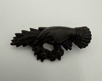 Victorian Gutta Percha Hand with Flower Basket Forget Me Not Mourning BroochVintage