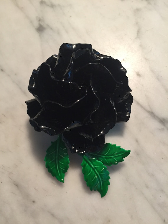 Vintage black rose metal enamel flower brooch