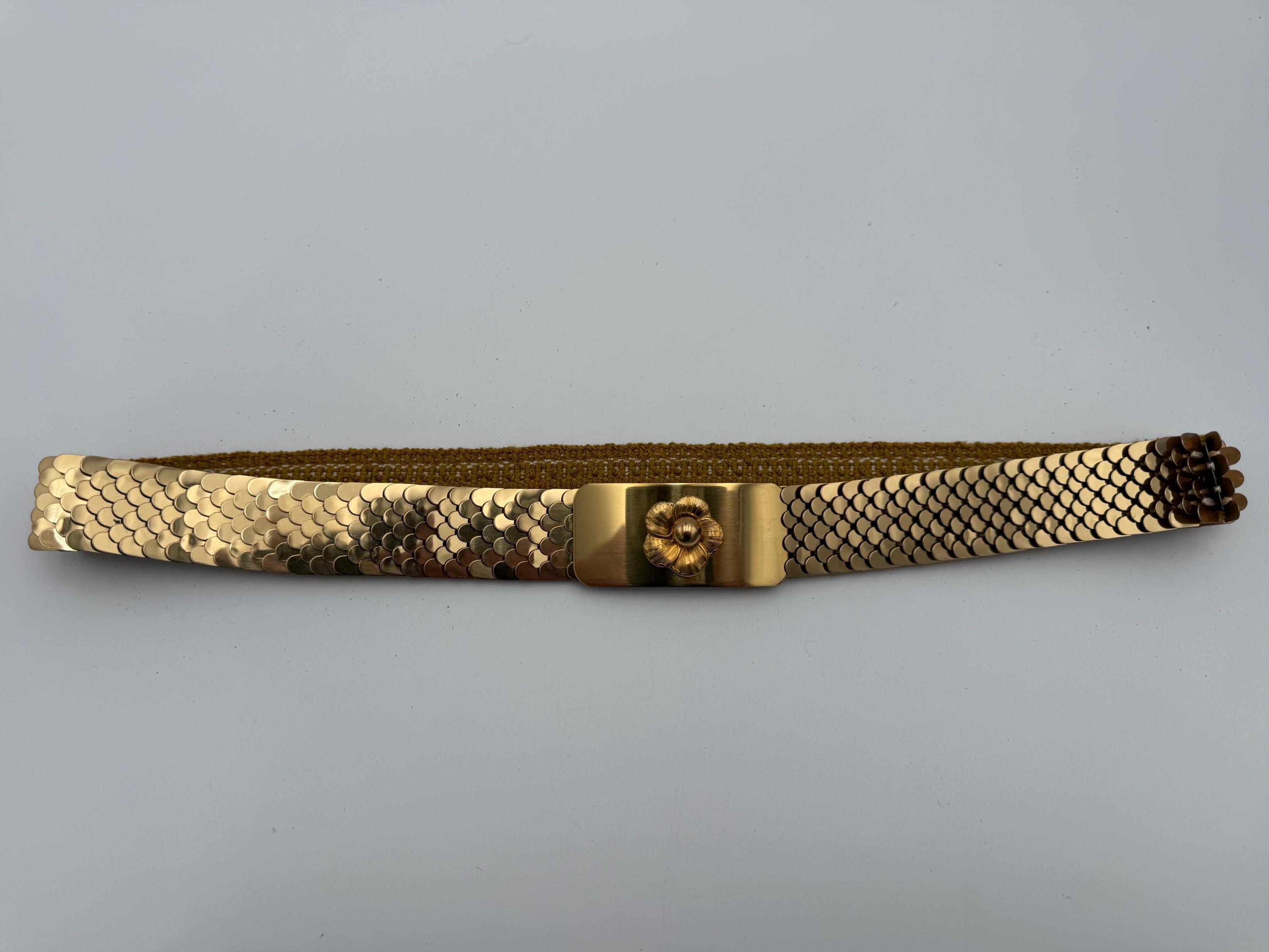 Vintage 80s Gold Tone Metal Heart & Flower Stretch Belt Vintage Gold Tone Metal Belt Embossed Flowers Stretch Narrow  main image 2