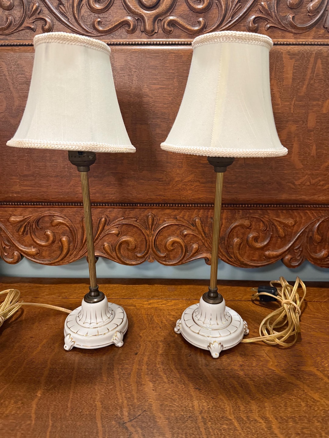 Vintage 1950s Hand-painted Candlestick Lamps, White Porcelain