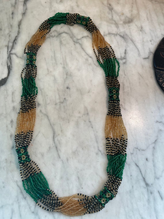 Vintage micro glass bead green gold and black neck