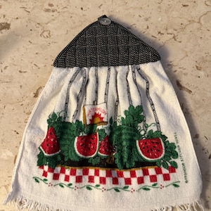 Vintage NOS FRANCO Watermelon themed Hanging Kitchen Towel, Double-sided Hand Towel, Potholder Top With Button, oven towel. New