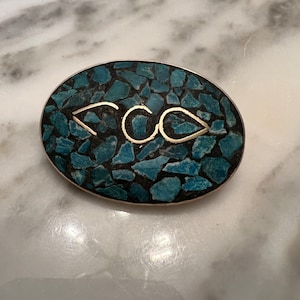 Vintage India inlaid brass turquoise blue stone brooch