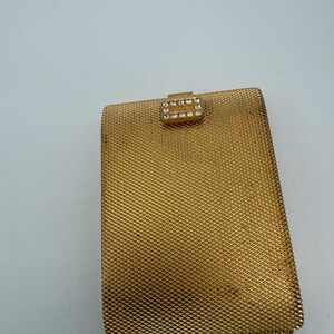 Vintage Max Factor Golden Weave Rectangular Goldtone Compact With Diamanté Trim On Clasp