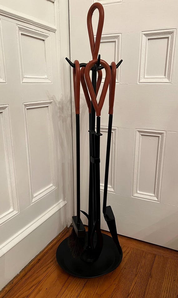 Vintage Jacques Adnet Leather and Iron Modernist Fireplace Tools