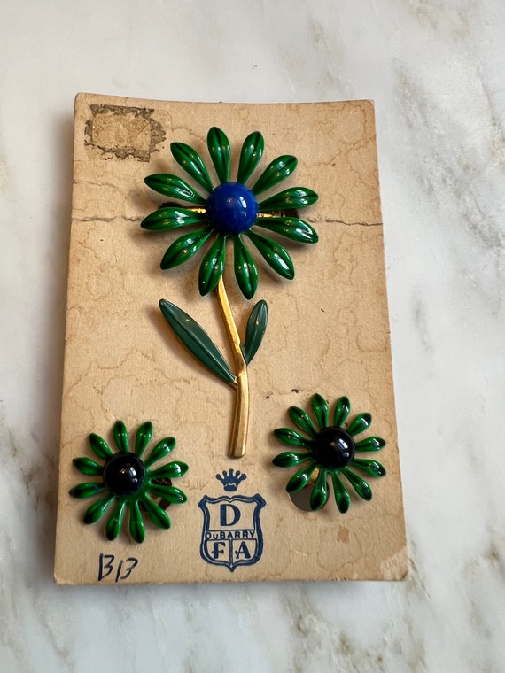 Vintage NOS DuBarry green and blue enameled flower