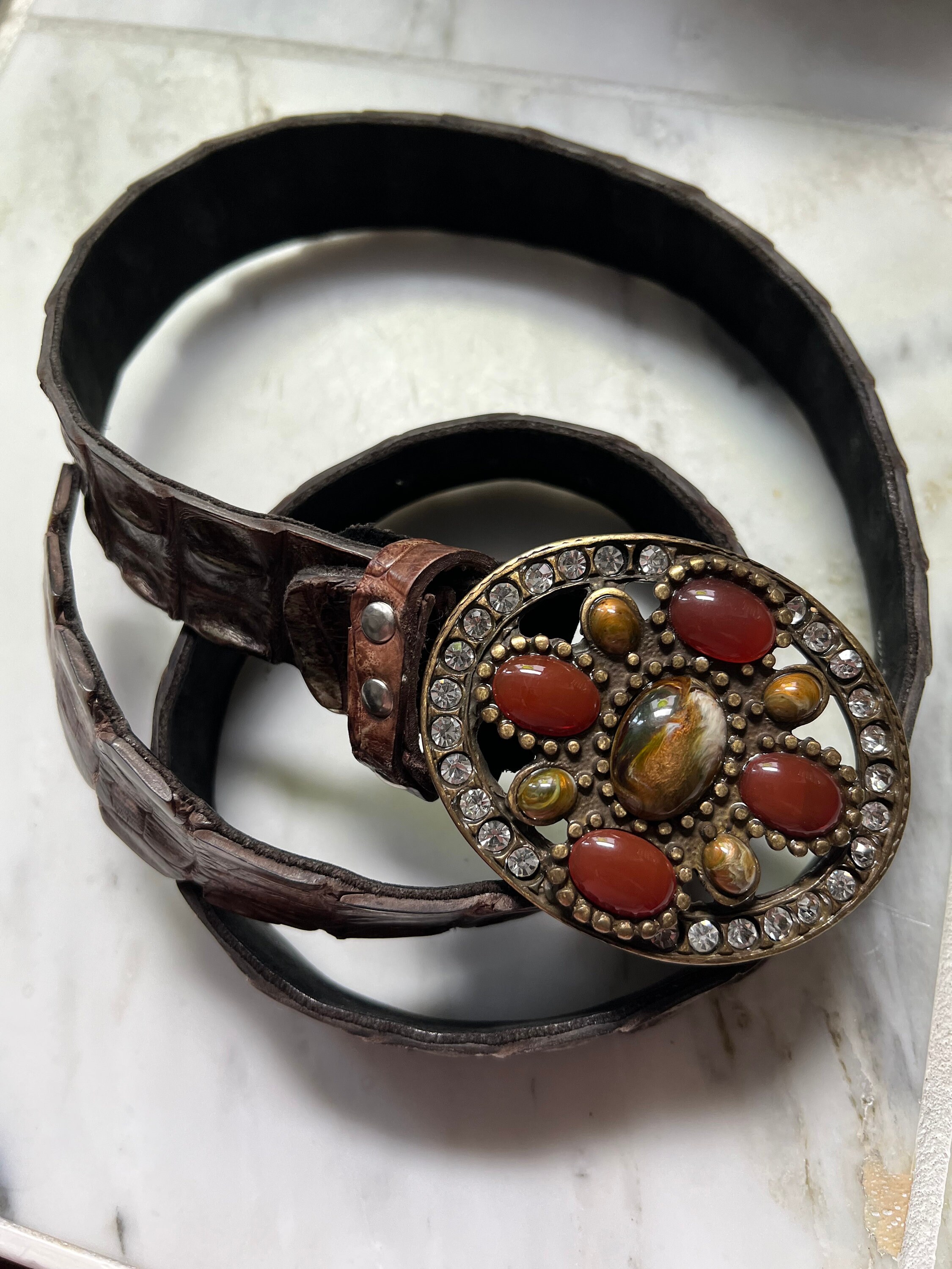 Vero Coccodrillo Alligator Leather Belt With Large Jeweled Brass