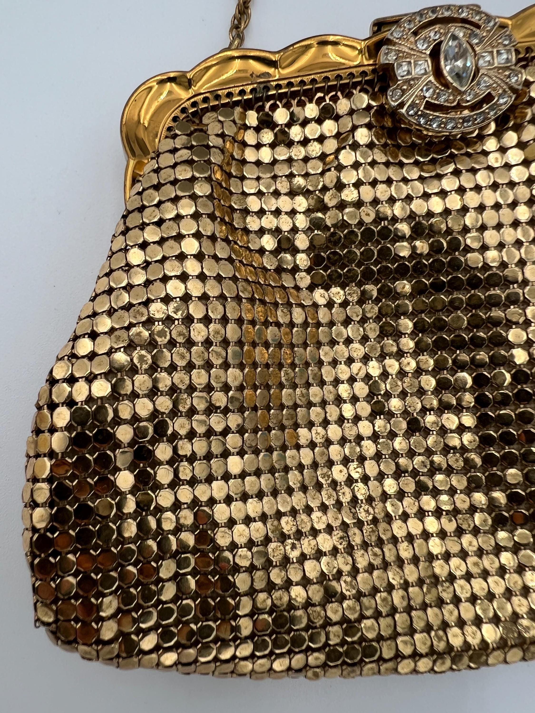 Vintage Whiting and Davis Gold Mesh Rhinestone Clasp Small