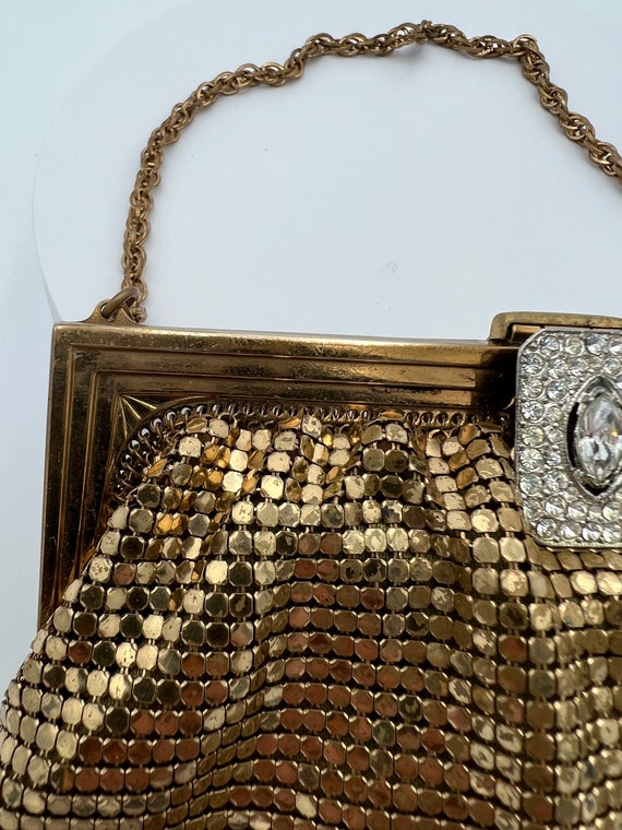Vintage Whiting Davis gold mesh purse with rhines… - image 3