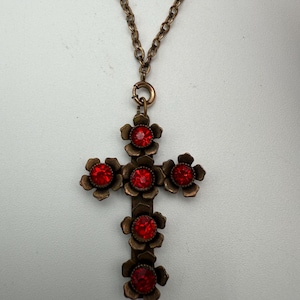 Vintage Victorian style red rhinestone floral cross necklace