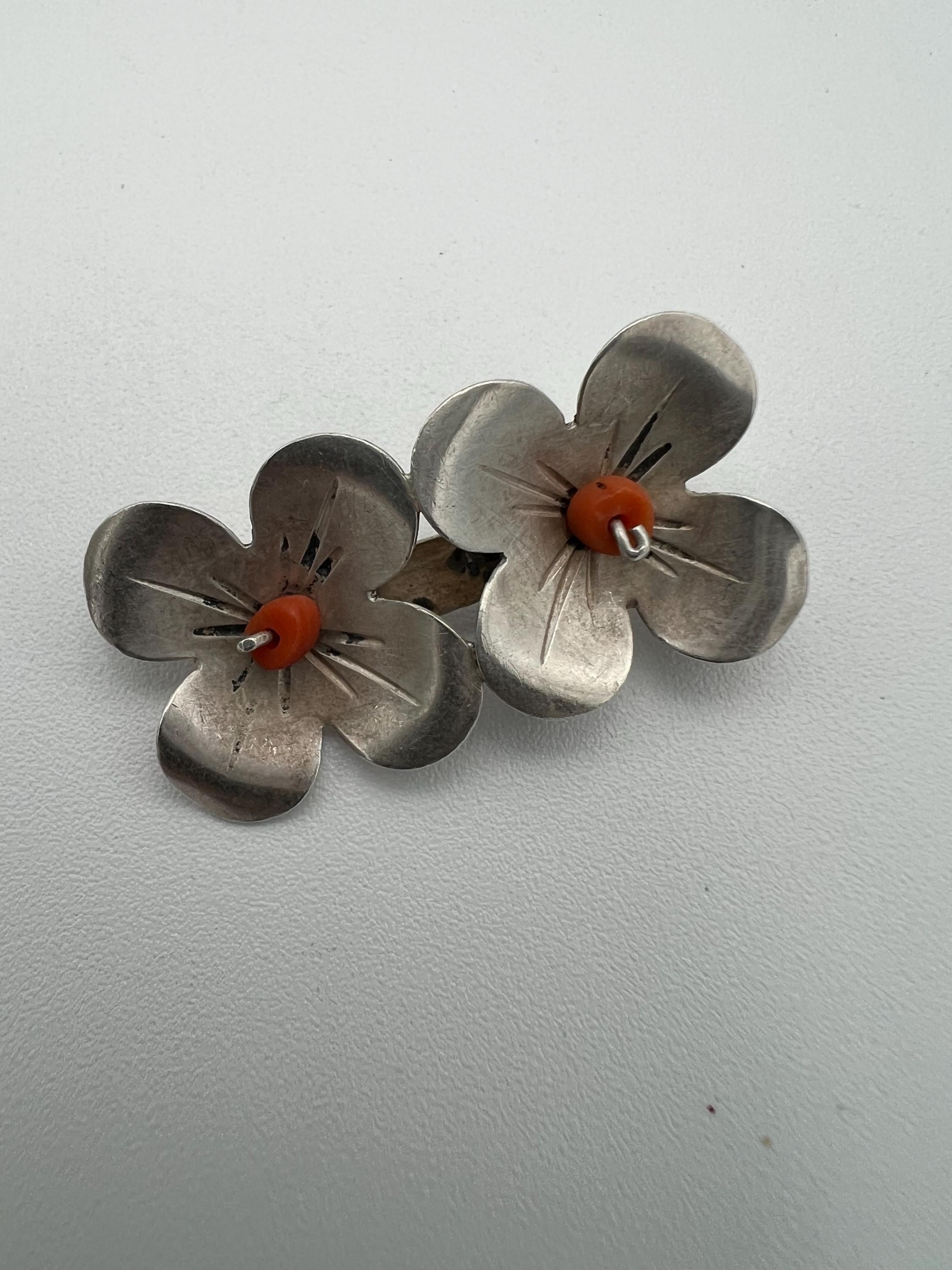Vintage Hans Teppich 800 Silver and Coral Flowers Brooch Israeli