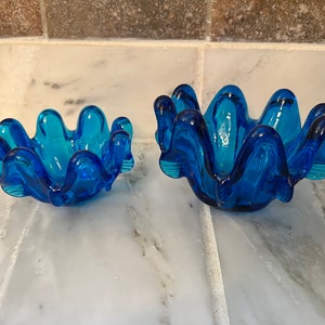 Mid century Italian Vintage Hand Blown Blue Art Swung Glass Nesting Bowls Fingers Trinket Dish 8 finger
