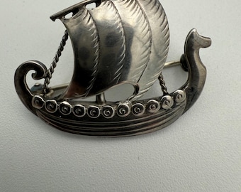 Vintage Just Andersen Sterling Silver Viking Ship Brooch Denmark