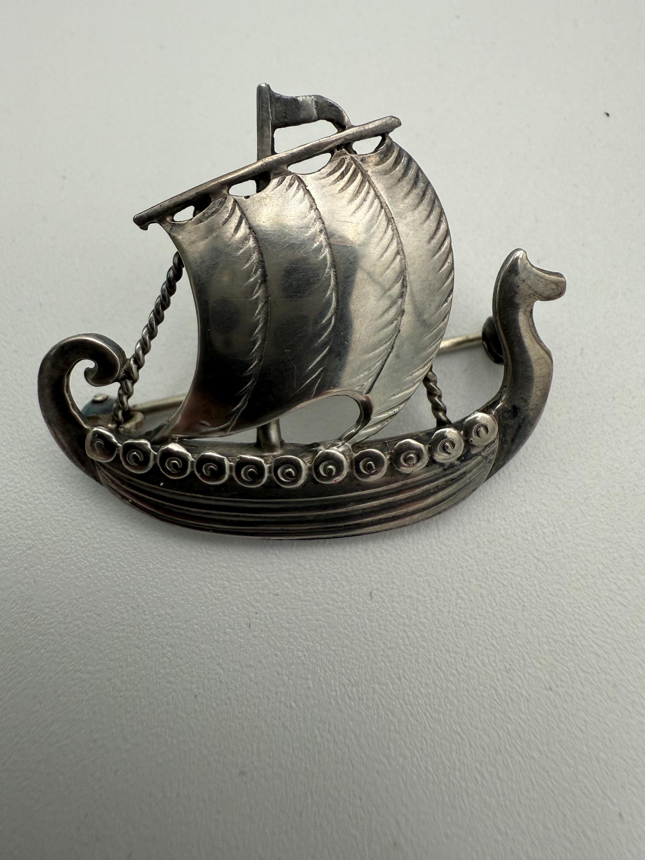 Vintage Just Andersen Sterling Silver Viking Ship Brooch Denmark