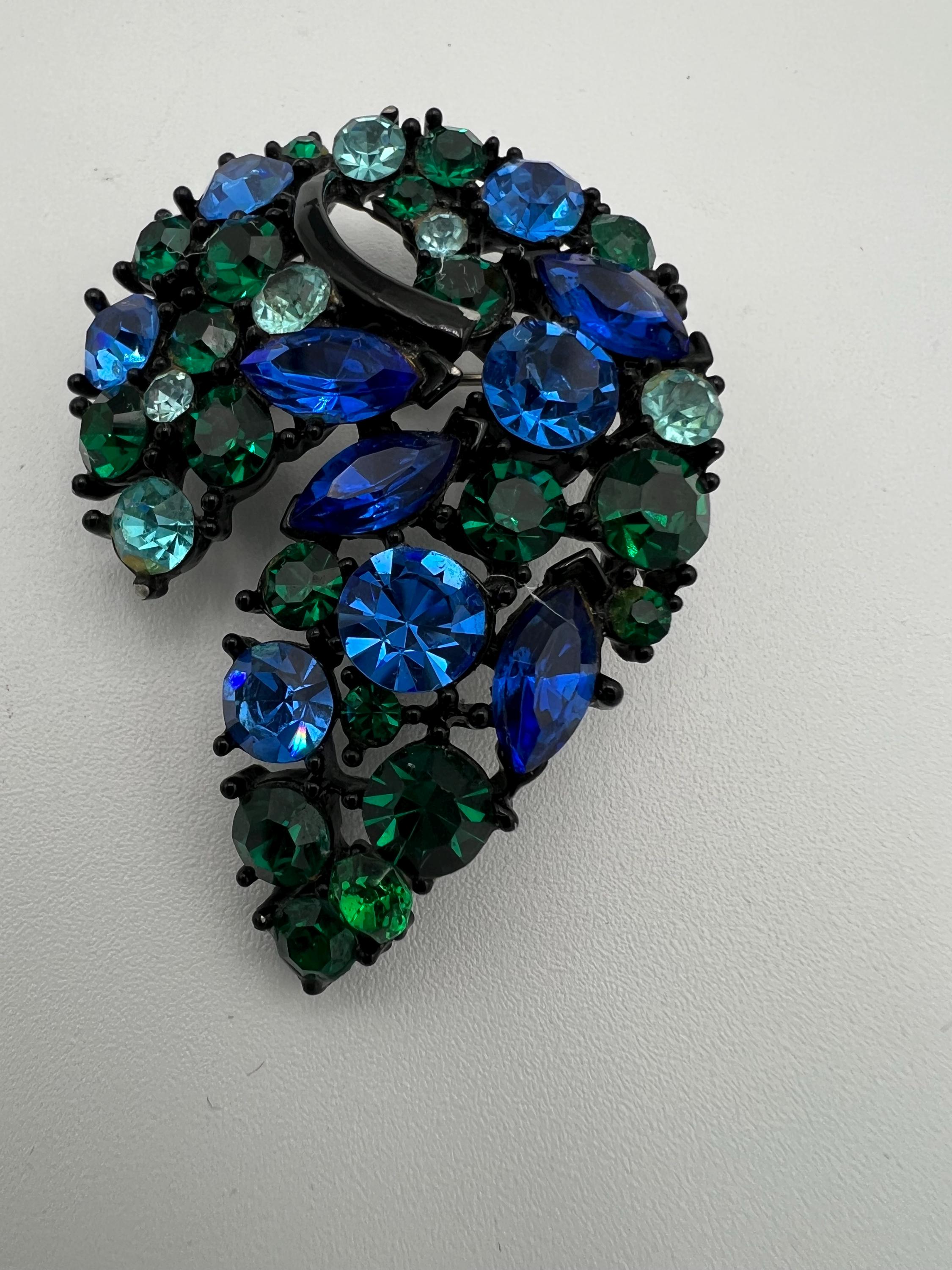Broche Rétro Ronde Strass Bleu Aigue Marine Et Noir - Vintage *4755