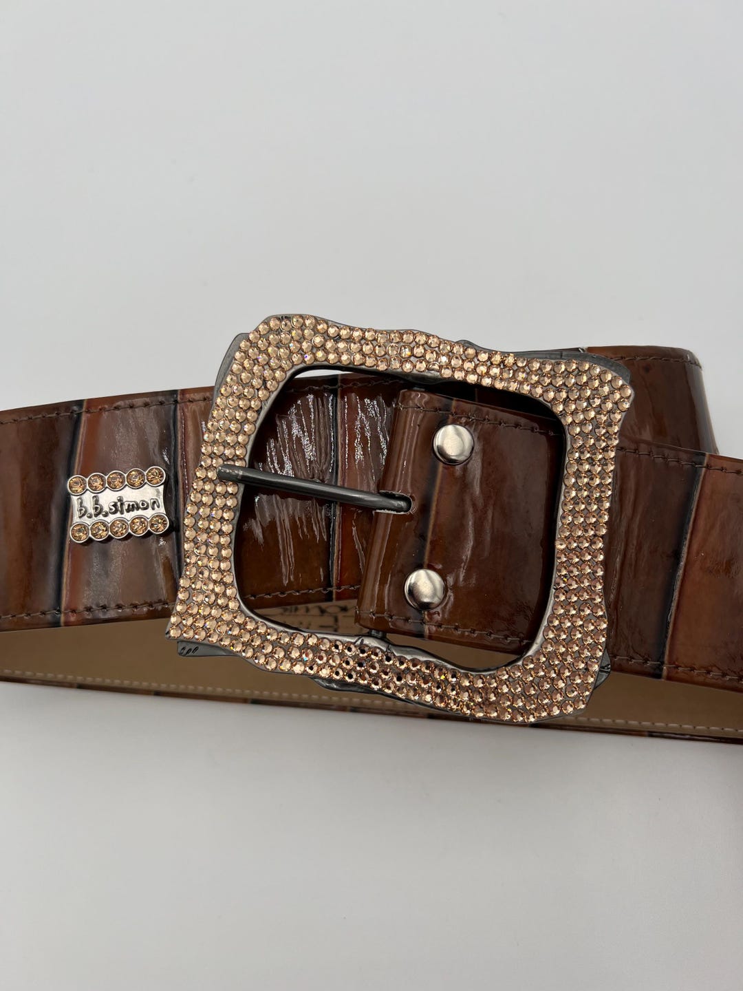 BB Simon Brown Patent Leather Belt, Topaz Rhinestone Buckle 