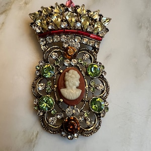 Vintage Robert Serbin rhinestone crown and cameo brooch