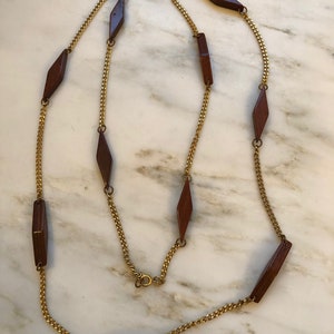 Mid century wood diamond gold chain necklace