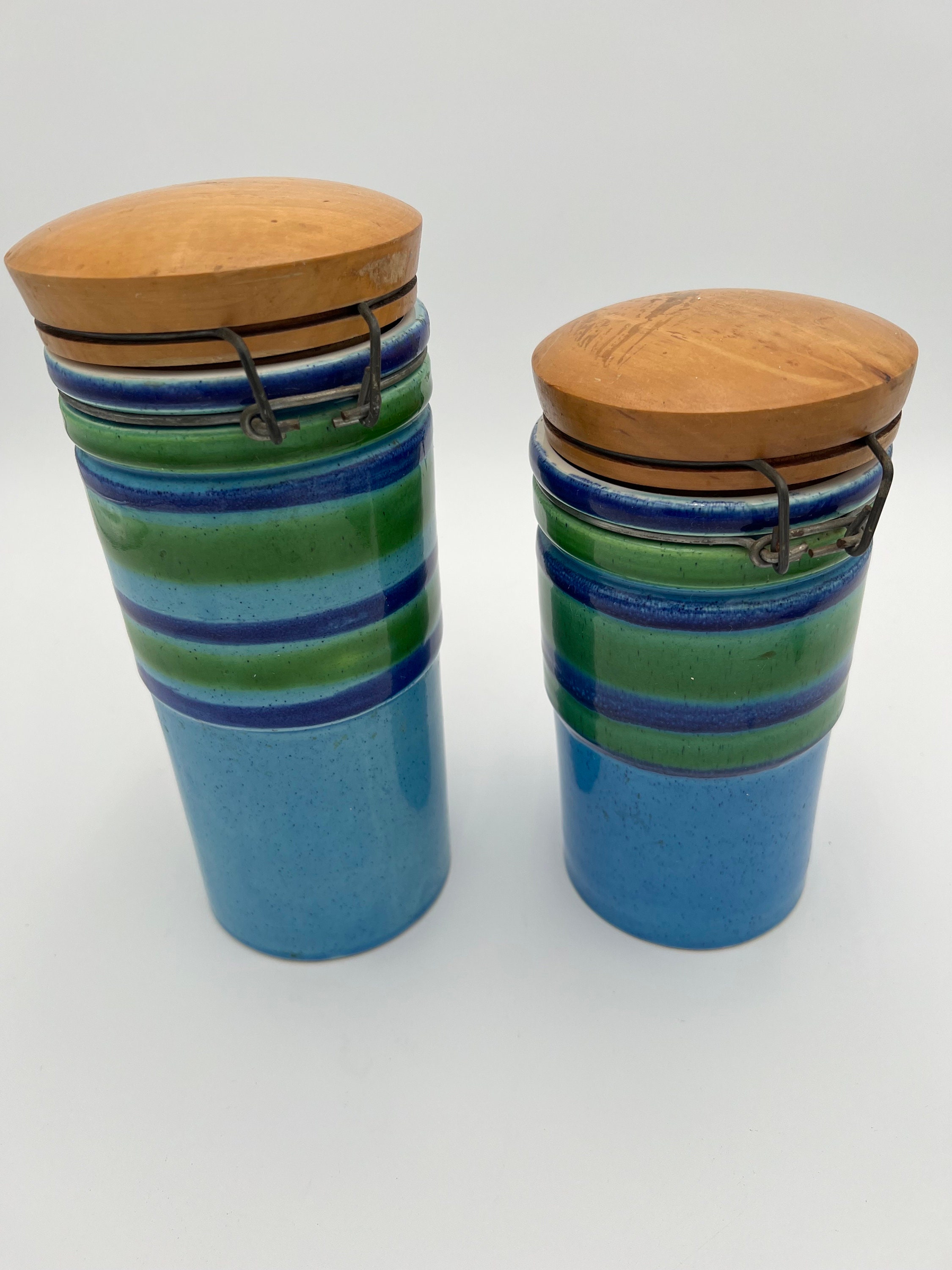 Vintage Baldelli Italy Blue and Green Ceramic Kitchen Canisters