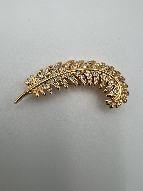 Signed Swarovski swan rhinestone feather brooch - image 1